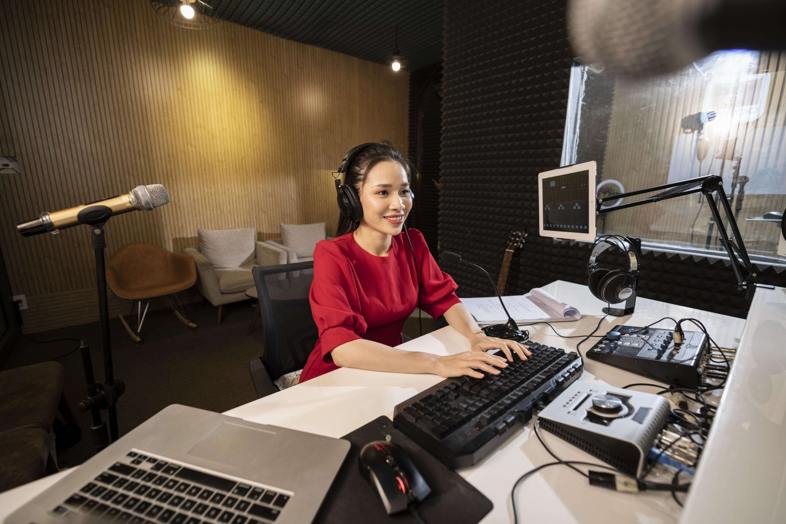 Beautiful Woman Working Radio With Professional Equipment